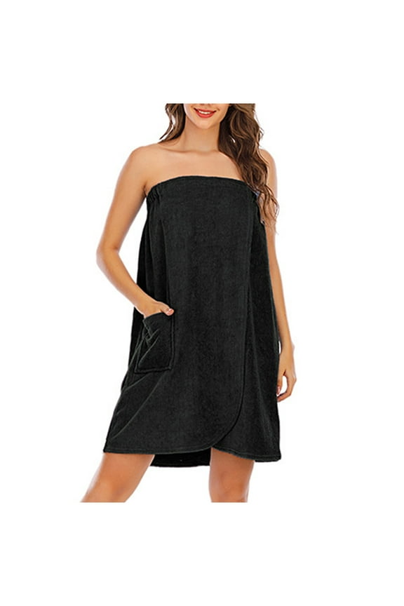 Bath Towel for Women Terry Cloth Snap Closure Shower Wrap Robe Soft Absorbent Towels with Pocket Black,S