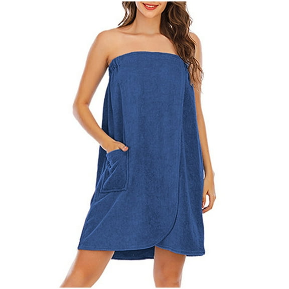 Htigea Bath Towel for Women Terry Cloth Snap Closure Shower Wrap Robe Soft Absorbent Towels with Pocket Blue,XXL
