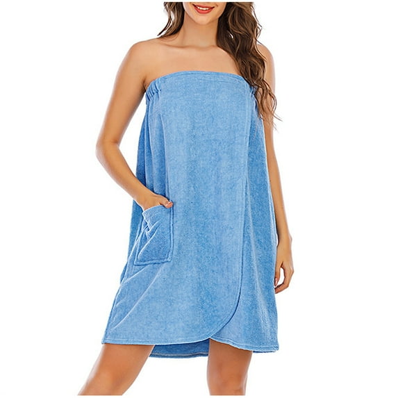 Htigea Bath Towel for Women Terry Cloth Snap Closure Shower Wrap Robe Soft Absorbent Towels with Pocket Light Blue,M