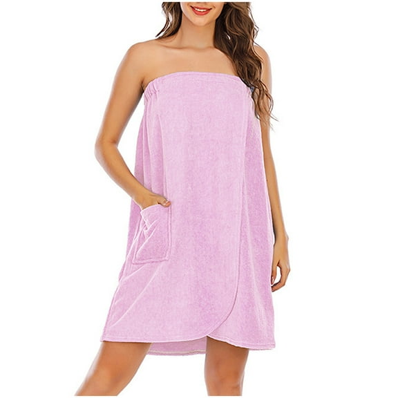 Htigea Bath Towel for Women Terry Cloth Snap Closure Shower Wrap Robe Soft Absorbent Towels with Pocket Pink,S