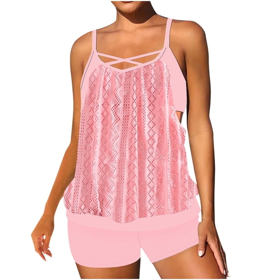Htigea Beach Tankini Swimsuits for Women Hollow Out Spaghetti Straps Tank Tops and Boy Shorts Swimwear Boho Modest Bathing Suits 2 Piece Sets Pink,S