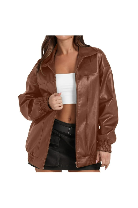 Bomber Jackets for Women Faux Leather Motorcycle Coats Full Zip Up Outdoor Cycling Jacket Outerwear Brown M