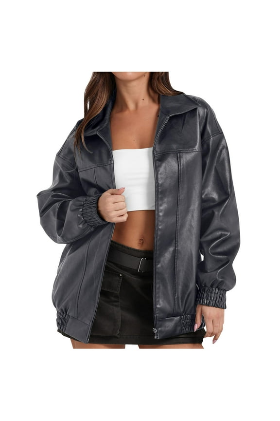 Bomber Jackets for Women Faux Leather Motorcycle Coats Full Zip Up Outdoor Cycling Jacket Outerwear Gray S