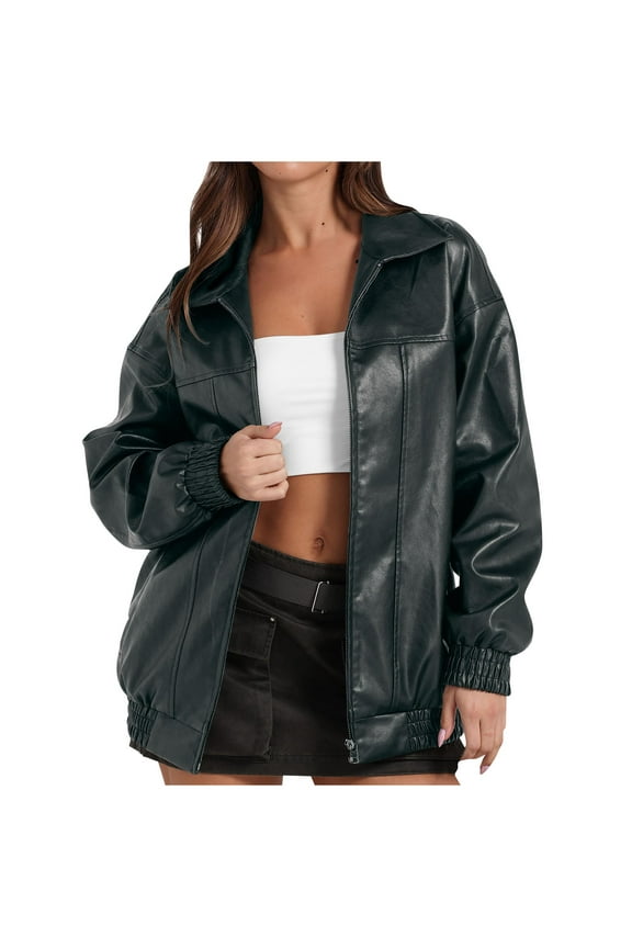 Bomber Jackets for Women Faux Leather Motorcycle Coats Full Zip Up Outdoor Cycling Jacket Outerwear Navy S