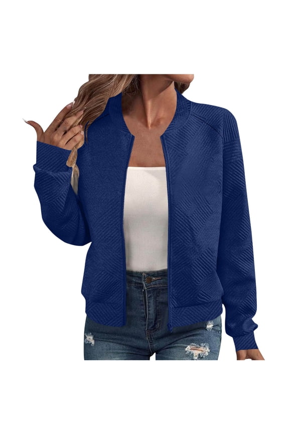 Bomber Jackets for Women Solid Color Zip Up Coats Lightweight Fall Outdoor Athletic Jacket Outerwear Blue XXL