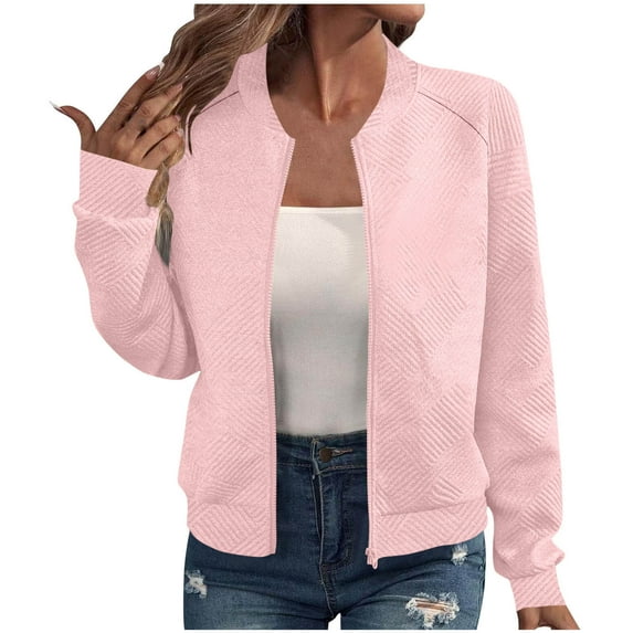 Htigea Bomber Jackets for Women Solid Color Zip Up Coats Lightweight Fall Outdoor Athletic Jacket Outerwear Pink S