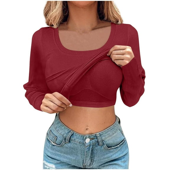 Htigea Build in Bra Womens Shirts Square Neckline Long Sleeve Solid Color Slim Fit Tunic Tops Ladies Knit Ribbed Pullovers Red S