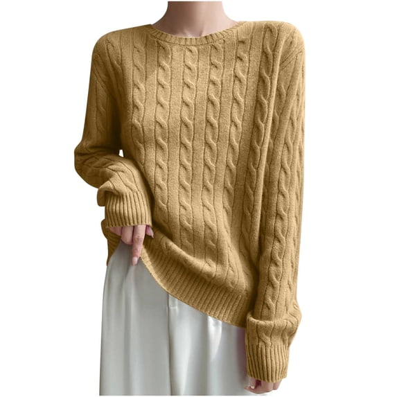 Htigea Cable Knit Sweater for Women Crew Neck Long Sleeve Knitwear Casual Cozy Pullover Fall Winter Jumper Tops Gold XXL