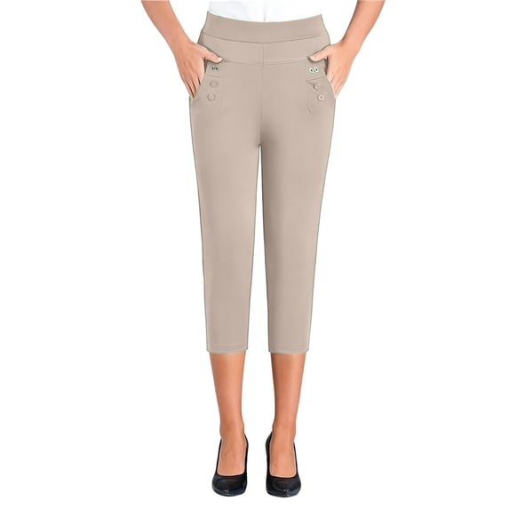 Htigea Capris for Women High Waisted Golf Workout Yoga Work Pants Solid Color Dressy Business Capri Pant with Pockets Khaki XXL