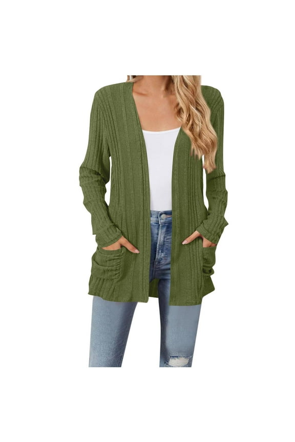 Cardigan for Women Lightweight Open Front Long Sleeve Knit Ribbed Cardigans Casual Outerwear with Pockets Army Green M