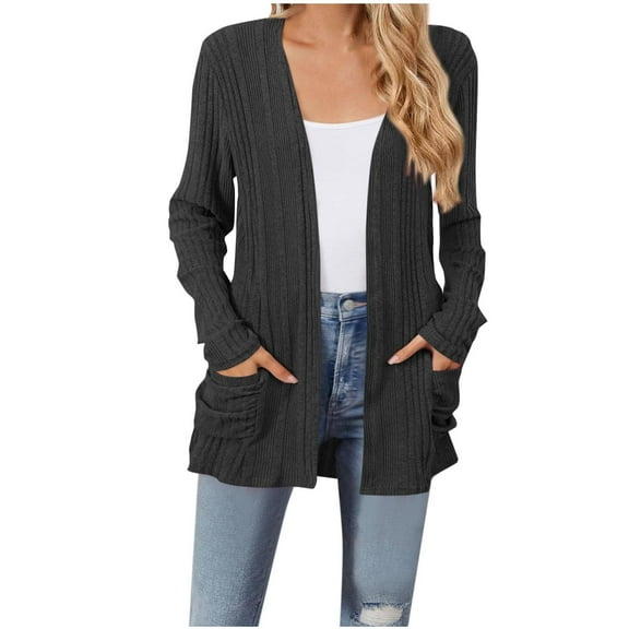 Htigea Cardigan for Women Lightweight Open Front Long Sleeve Knit Ribbed Cardigans Casual Outerwear with Pockets Dark Gray 2XL