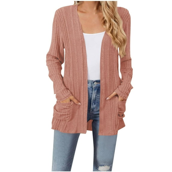 Htigea Cardigan for Women Lightweight Open Front Long Sleeve Knit Ribbed Cardigans Casual Outerwear with Pockets Pink S