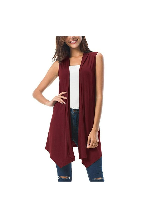 Cardigan for Womens Cotton Sleeveless Draped Open Front Shawl Vest Fashion Asymmetric Hem Long Cardigans Wine XL