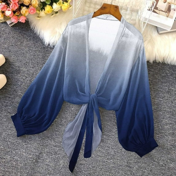 Htigea Chiffon Cardigan for Woman Long Sleeve Open Tie Front Shrug Tops Lightweight Short Swimwear Cover Ups Blue M