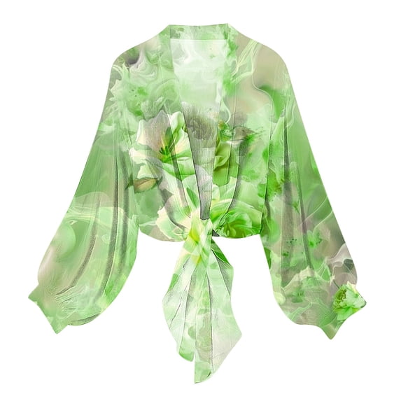 Htigea Chiffon Cardigans for Women Fashion Print Tie Front Kimono Cardigan Thin Lightweight Long Sleeve Tops Blouses C Multicolor,L