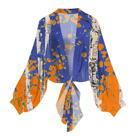 Htigea Chiffon Cardigans for Women Fashion Print Tie Front Kimono Cardigan Thin Lightweight Long Sleeve Tops Blouses E Multicolor,L