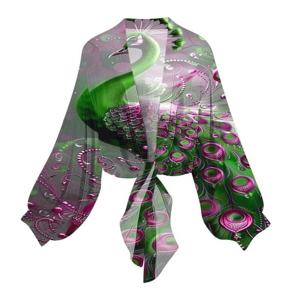 Htigea Chiffon Cardigans for Women Fashion Print Tie Front Kimono Cardigan Thin Lightweight Long Sleeve Tops Blouses Multicolor,L