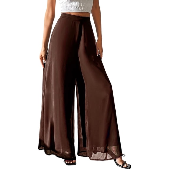 Htigea Chiffon Palazzo Pants for Women High Waisted Wide Leg Flowy Pant with Pockets Summer Wear Brown M