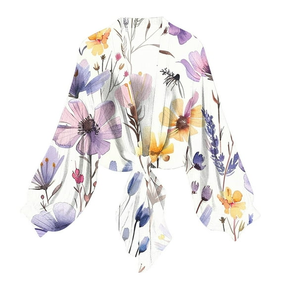 Htigea Chiffon Tops Women's Cardigan Casual Tie Open Front Shrugs Coverups Lightweight Long Sleeve Cropped Blouse White S
