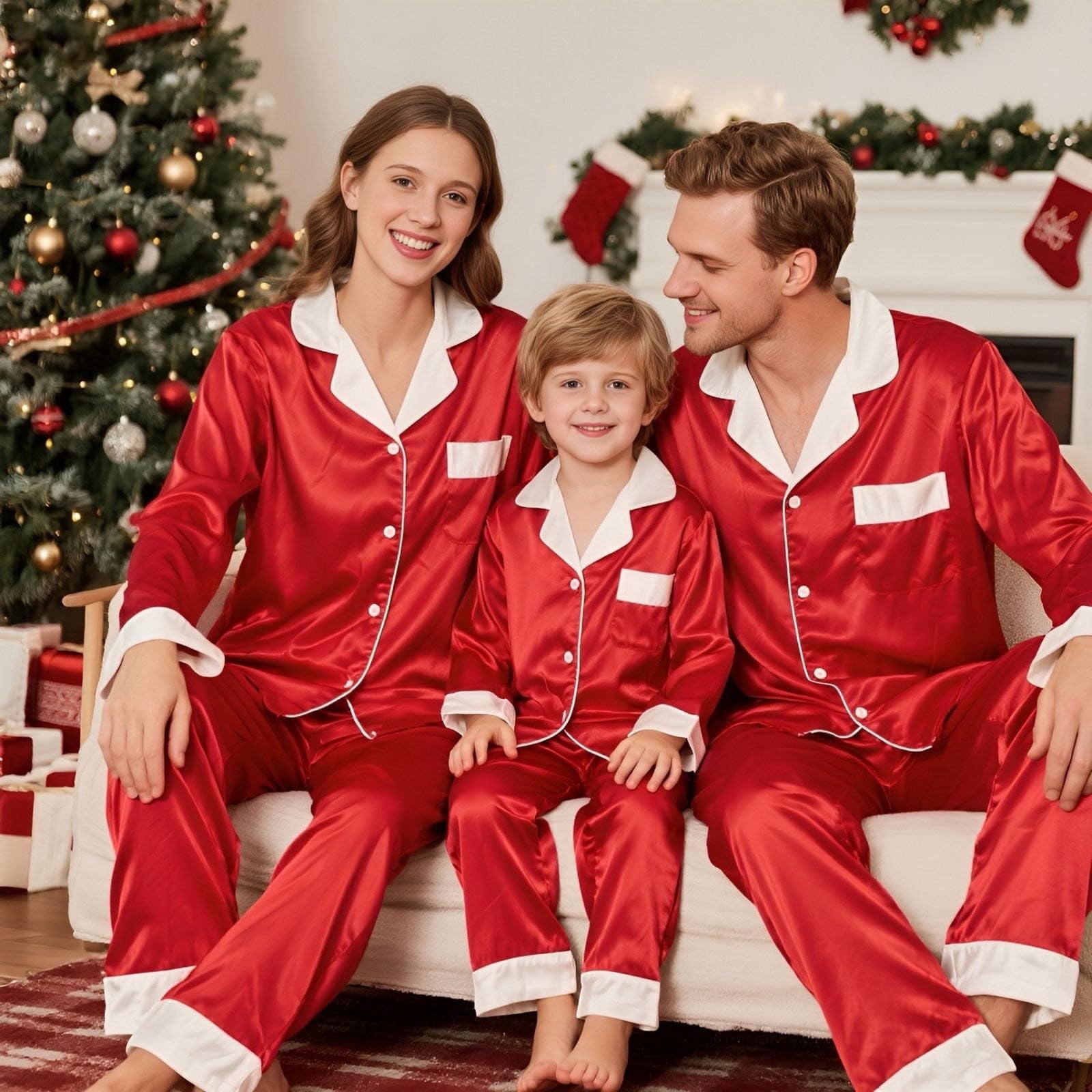 Htigea Christmas Family Pajamas Matching Sets Satin Nightwear Xmas Long ...