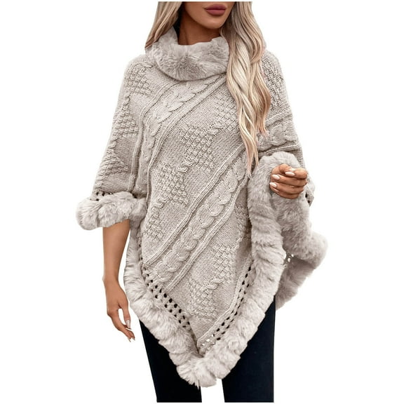 Htigea Chunky Knit Shawl Sweater for Women Solid Irregular Hollow Out Pullover Fall Winter Warm Knitwear Shawls Beige Free Size