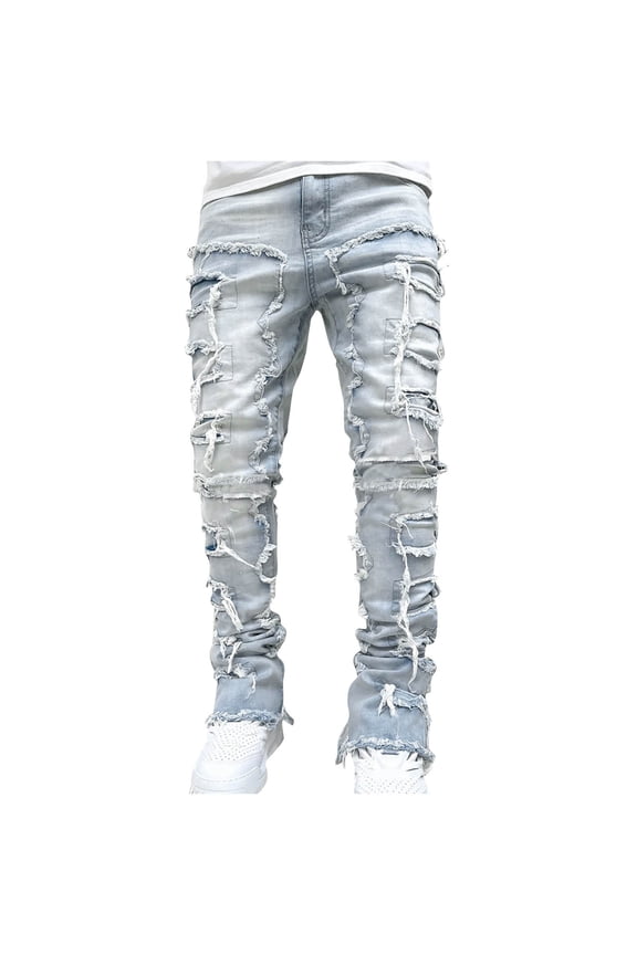 Htigea Clearanc Biker Jeans for Men,Men's Straight Leg Slim Fit Distressed Destroyed Stretch Motorcycle Denim Pants Today Sales Light Blue,XL
