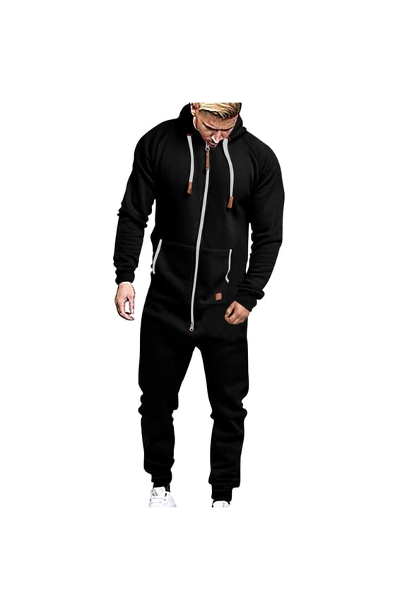 Clearanc Overalls Hooded Zip Drawstring Pocket Hoodie Solid Color Long Sleeve Trousers Jumpsuit 2024 Jeans for Men Athletics Leggings Black,S