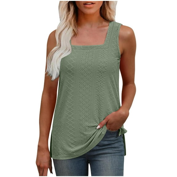 Htigea Clearanc Summer Tops for Women Shirts Sleeveless Loose Casual Square Neck Eyelet Embroidery Army Green,M