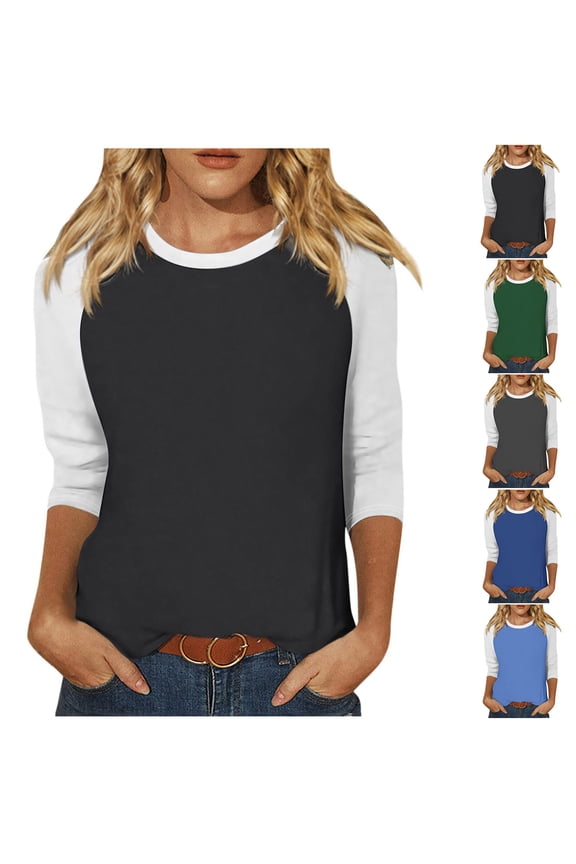 Htigea Clearanc Women's Casual 3/4 Sleeve T-Shirts Round Neck Cute Tunic Tops Basic Tees Blouses Loose Fit Pullover Sale S