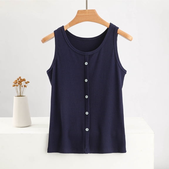 Htigea Clearanc Women's Scoop Neck Button Front Tank Top Casual Solid Sleeveless T Shirt Navy,M
