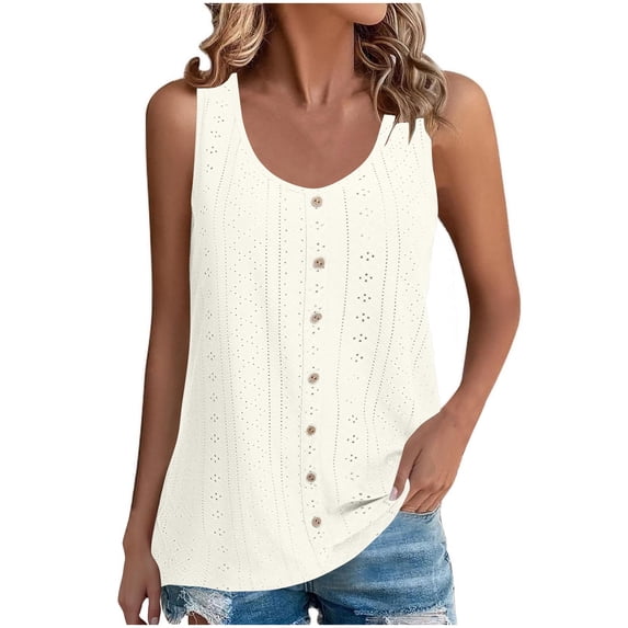 Htigea Clearanc Womens Tank Tops Eyelet Summer Sleeveless Tops Button Front Round Neck Basic T-Shirts Casual Loose Fit Tunic 2025 New Sale White,S