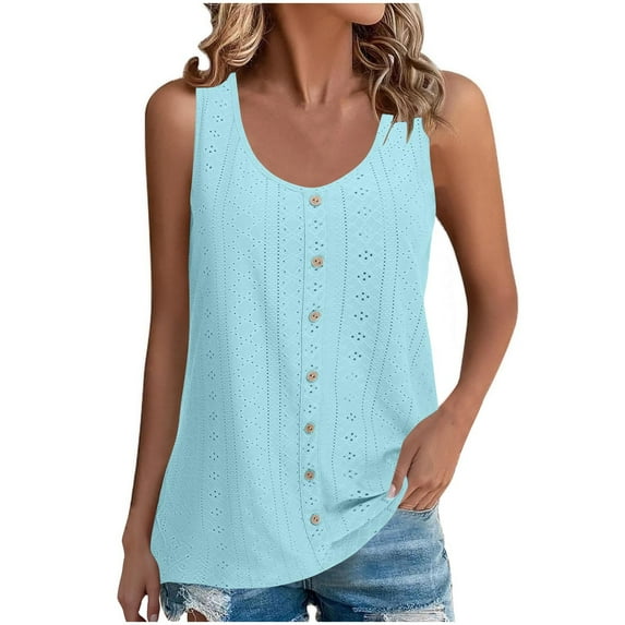 Htigea Clearanc Womens Tank Tops Eyelet Summer Sleeveless Tops Button Front Round Neck Basic T-Shirts Casual Loose Fit Tunic 2025 New Light Blue,S