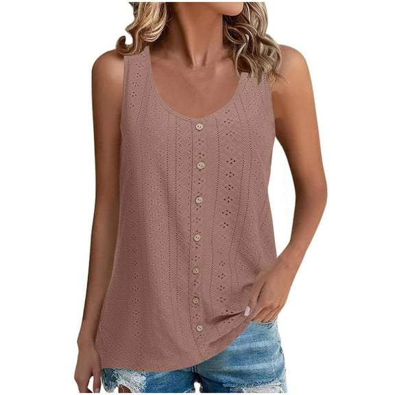 Htigea Clearanc Womens Tank Tops Eyelet Summer Sleeveless Tops Button Front Round Neck Basic T-Shirts Casual Loose Fit Tunic 2025 New Pink,S