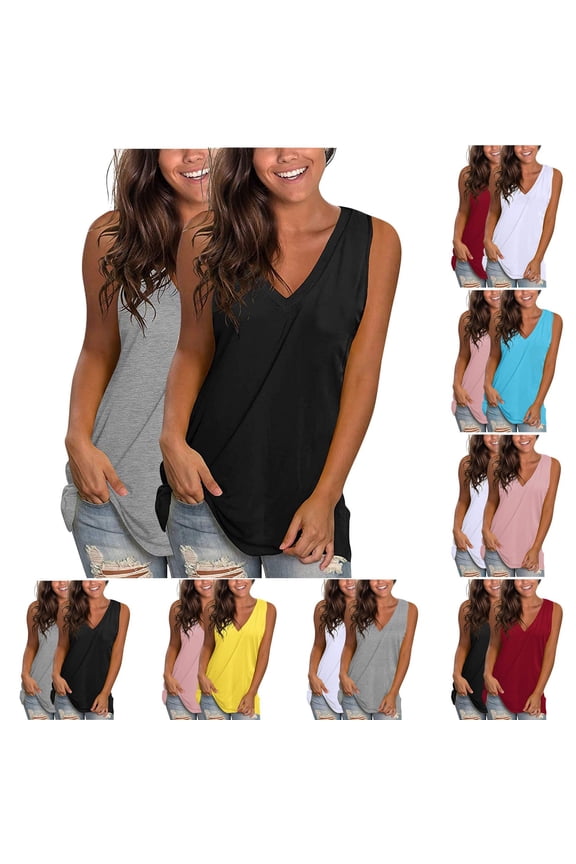 Htigea 2 Pack Tank Tops for Women Summer V Neck T Shirts Trendy Sleeveless Basic Tee Loose Fit 2025 Fashion Gray,S