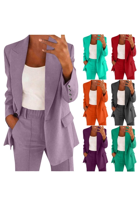 Clearance 2 Pc Women’S Casual Long Sleeve Open Front Blazer Lapel Collar Cardigan Plus Size Work Jackets with Long Pants Suits Today Sales Purple,L