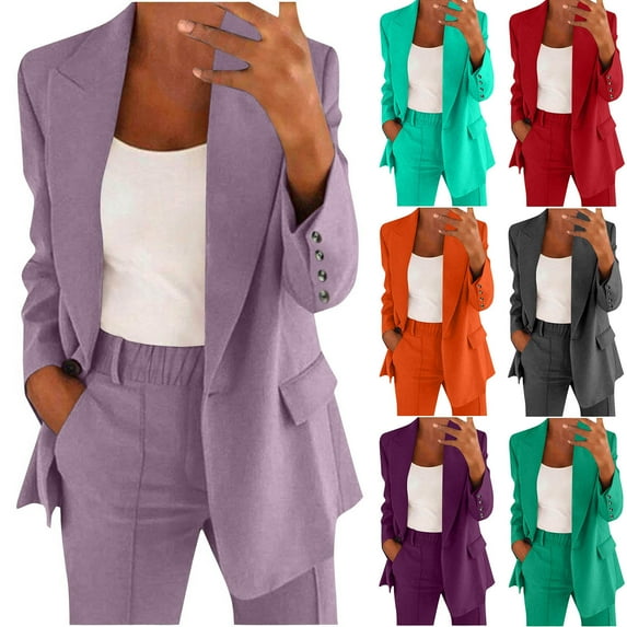 Htigea Clearance 2 Pc Women’S Casual Long Sleeve Open Front Blazer Lapel Collar Cardigan Plus Size Work Jackets with Long Pants Suits Today Sales Red,L