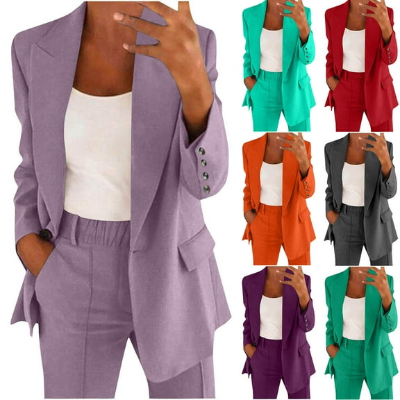 Htigea Clearance 2 Pc Women’S Casual Long Sleeve Open Front Blazer Lapel Collar Cardigan Plus Size Work Jackets with Long Pants Suits Today Sales Red,XL