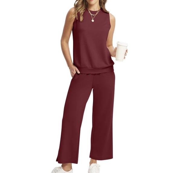 Htigea 2 Piece Casual Pants Sets for Women Summer Two Piece Outfits Sleeveless Vacation Tank Tops Wide Leg Pants Red,L