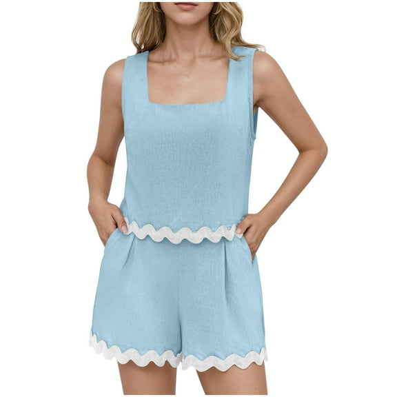 Htigea 2 Piece Lounge Sets for Women Summer Outfits Short Sleeve Womens Short Sets Casual Matching Set Light Blue,XL