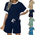 thumbnail image 1 of Htigea 2 Piece Sets for Women Summer Lounge Sets Short Sleeve Sweatsuit V-neck Tops and Drawstring Shorts Outfits Tracksuit Light Blue XL, 1 of 7