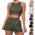 thumbnail image 1 of Htigea 2 Piece Sets for Women Casual Summer Travel Vacation Outfits Cap Sleeve Shorts Lounge Set Army Green,L, 1 of 7