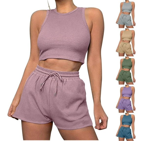 Htigea 2 Piece Sets for Women Casual Summer Travel Vacation Outfits Cap Sleeve Shorts Lounge Set Purple,2XL