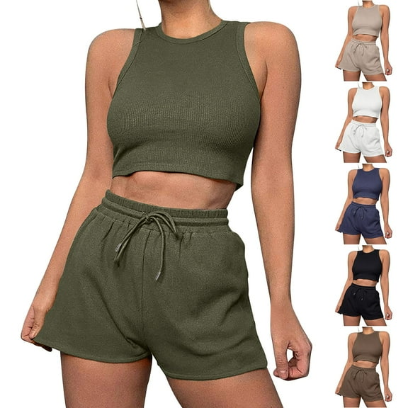 Htigea 2 Piece Sets for Women Casual Summer Travel Vacation Outfits Cap Sleeve Shorts Lounge Set Army Green,XL