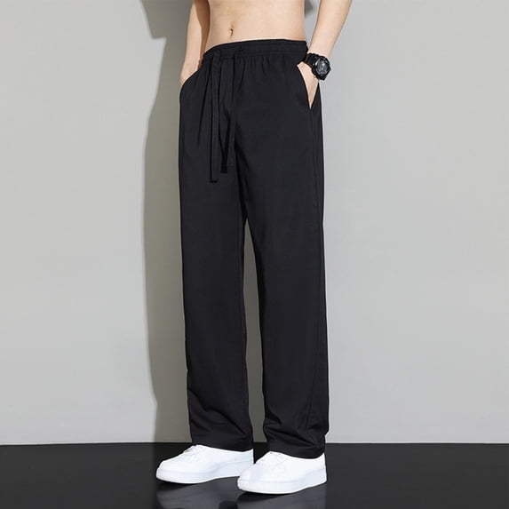 Htigea Clearance 2024 Men Breathable Sweatpants Ice Silk Long Yoga Pants Summer Elastic Waisted Drawstring Casual Pants Solid Color Lounge Pants with Pocket M-4XL