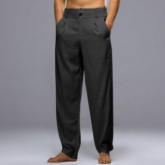 Htigea 2024 Mens 2024 Fall Casual Linen Dress Pants Loose Fit Solid Color Long Pants Lightweight Elastic Waist Zipper Button Pants with Pocket S-4XL