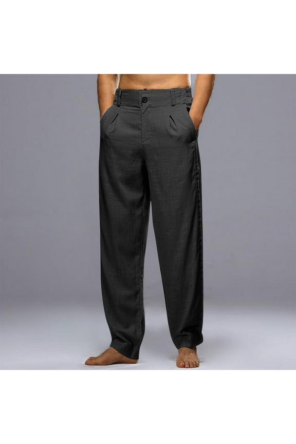 Htigea 2024 Mens 2024 Fall Casual Linen Dress Pants Loose Fit Solid Color Long Pants Lightweight Elastic Waist Zipper Button Pants with Pocket S-4XL