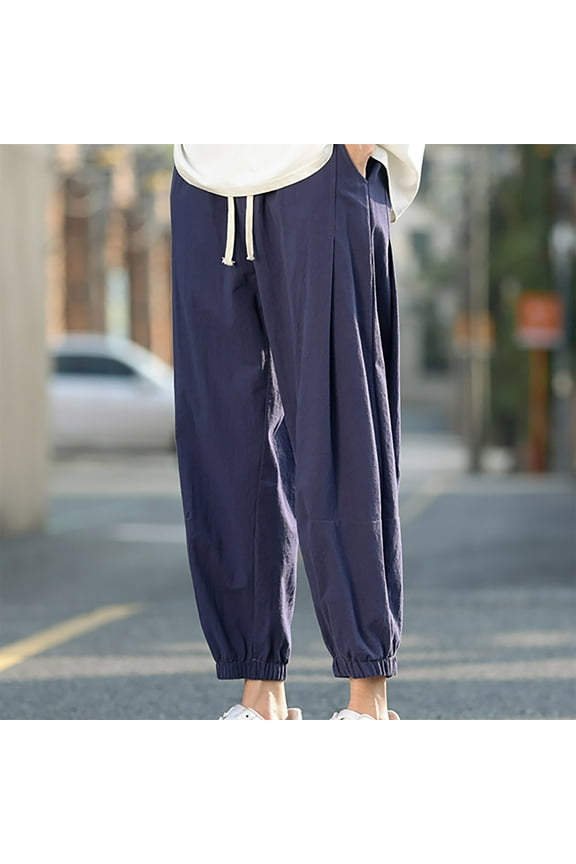 Htigea 2024 Mens Cotton Linen Harem Pants Big and Tall Casual Long Pants 2024 Fall Elastic Waisted Drawstring Jogging Pants Solid Color Trapped Long Pants with Pocket L-5XL