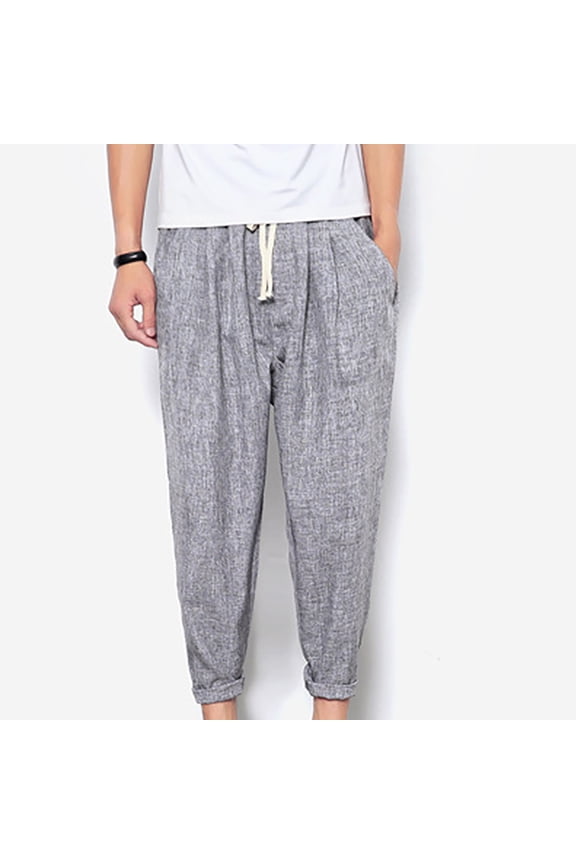 2025 Mens Cotton Linen Trapped Pants Big and Tall Drawstring Sweatpants Loose Fit Casual Pants Loose Fit Workout Pants with Pocket M-4XL