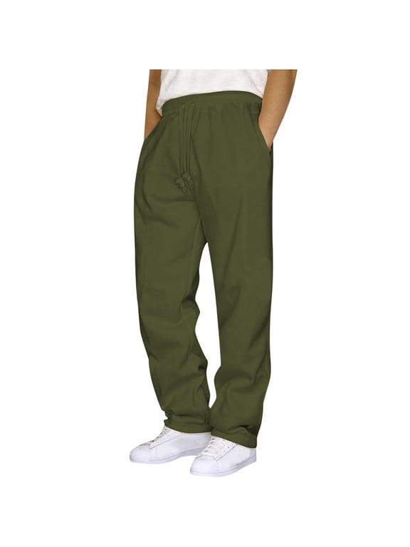 2024 Mens Fleece Cargo Sweatpants Open Bottom Sweat Pants Elastic Waisted Drawstring Sweatpants Baggy Lounge Pants with Pockets M-3XL