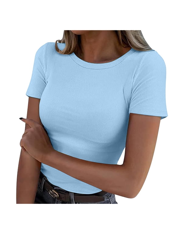 Htigea 2025 Women Casual Activewear T Shirts Basic Crewneck Raglan Short Sleeve Slim Tight Fit Going Out Tops Light Blue,M